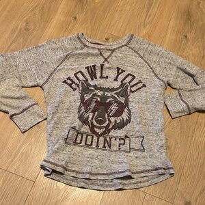 Gray Graphic Long Sleeved waffle knit tee with Wolf Design